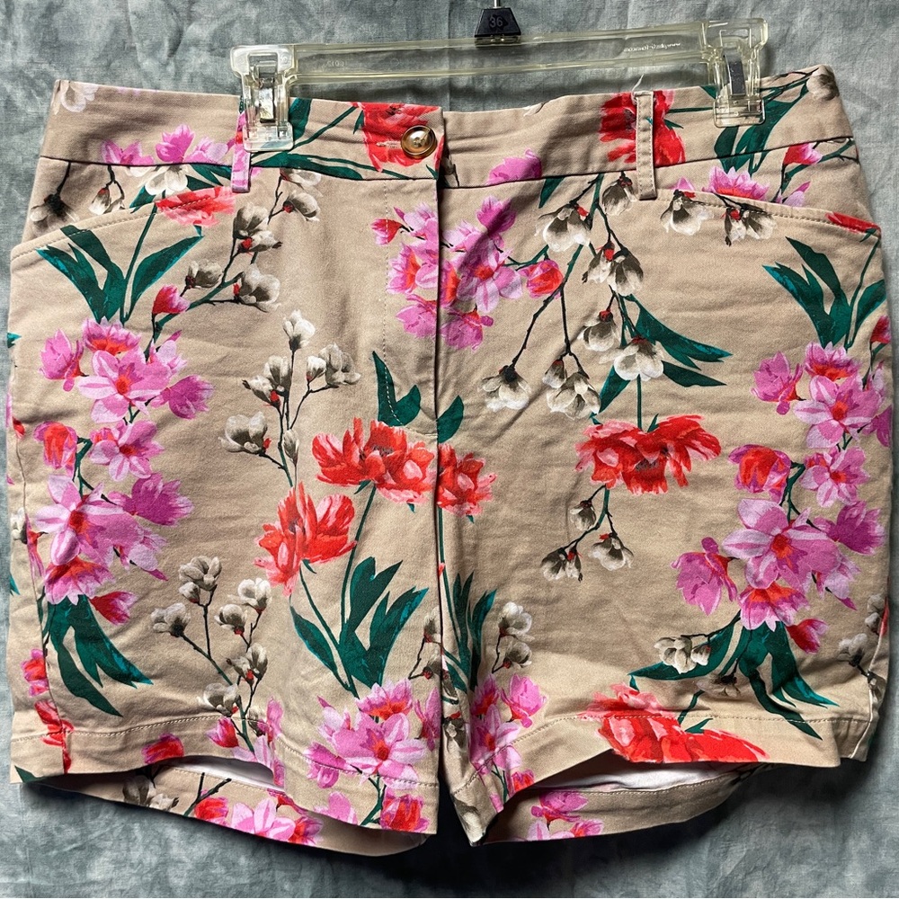 Lands' End Beige Floral Bermuda Shorts with Pink and Red Blooms